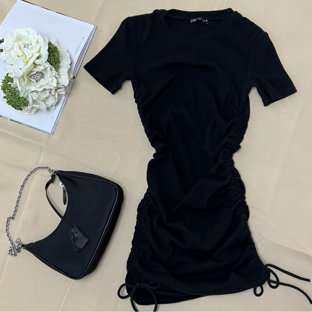 ZARA Black Ruched Side Ties Bodycon Mini Dress NWT